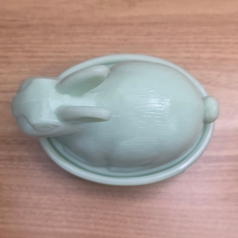 Vintage Jadeite Glass Rabbit on Basket Trinket Dish Green Easter Bunny - Picture 5 of 12